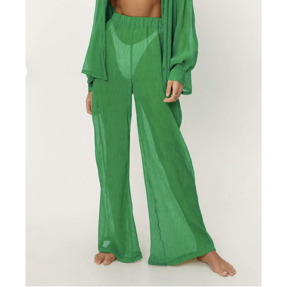 NWT NASTY GAL BRIGHT GREEN PLISSE HIGH WAISTED WIDE‎ LEG PANTS SIZE 2
